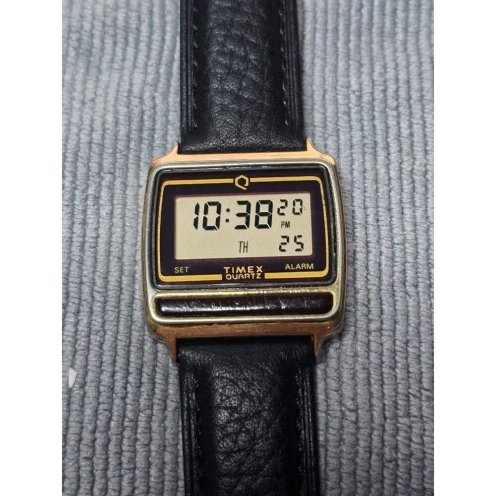 Retro Q Timex Digital Dress Watch – Rare Bezel-Set Module – Gold & Black Leather